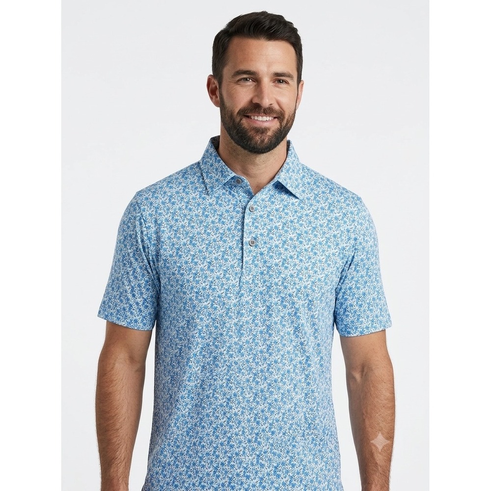 FootJoy Mens Lisle Floral Print Golf Polo Shirt Blue Green Short Sleeve L